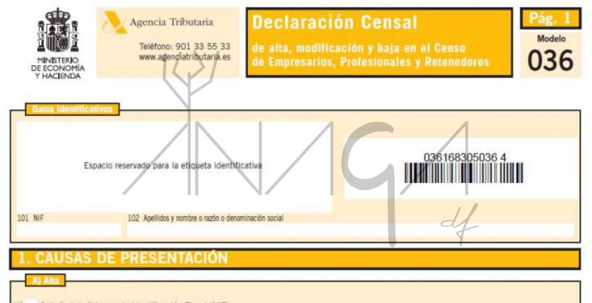 requisitos-facturar-sin-ser-autonomo la imagen muestra el encabezado del modelo 036 para darse de alta en hacienda, requisito indispensable para facturar sin ser autónomo